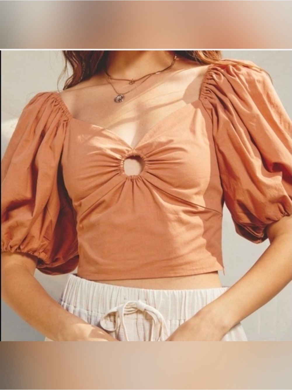 NWT Abercrombie & Fitch Puff Sleeve Poplin O’Ring Crop Top, orange, Size Small